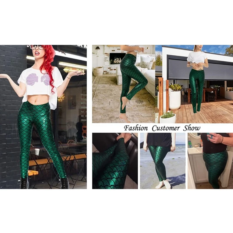 Leggings a sirena da donna In pantaloni elasticizzati a vita alta con Design a squame di pesce verde lucido per abbigliamento Casual e da festa