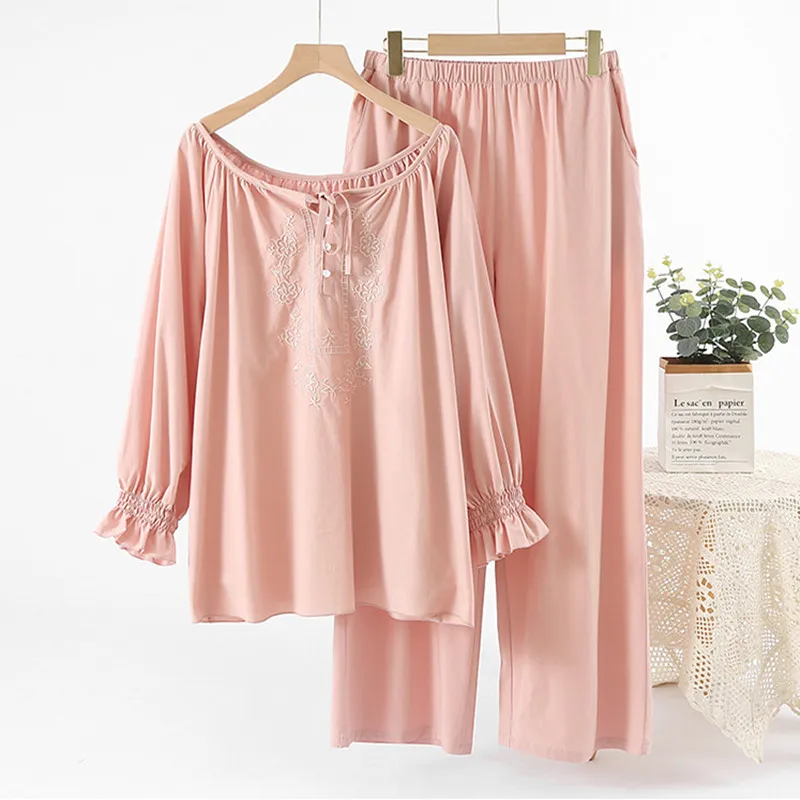 

Conjuntos De Pijama Lounge Long Sleeve Pant Set Nightwear Pajamas For Women Korean Elegant 100% Cotton Sleepwear Home Clothes