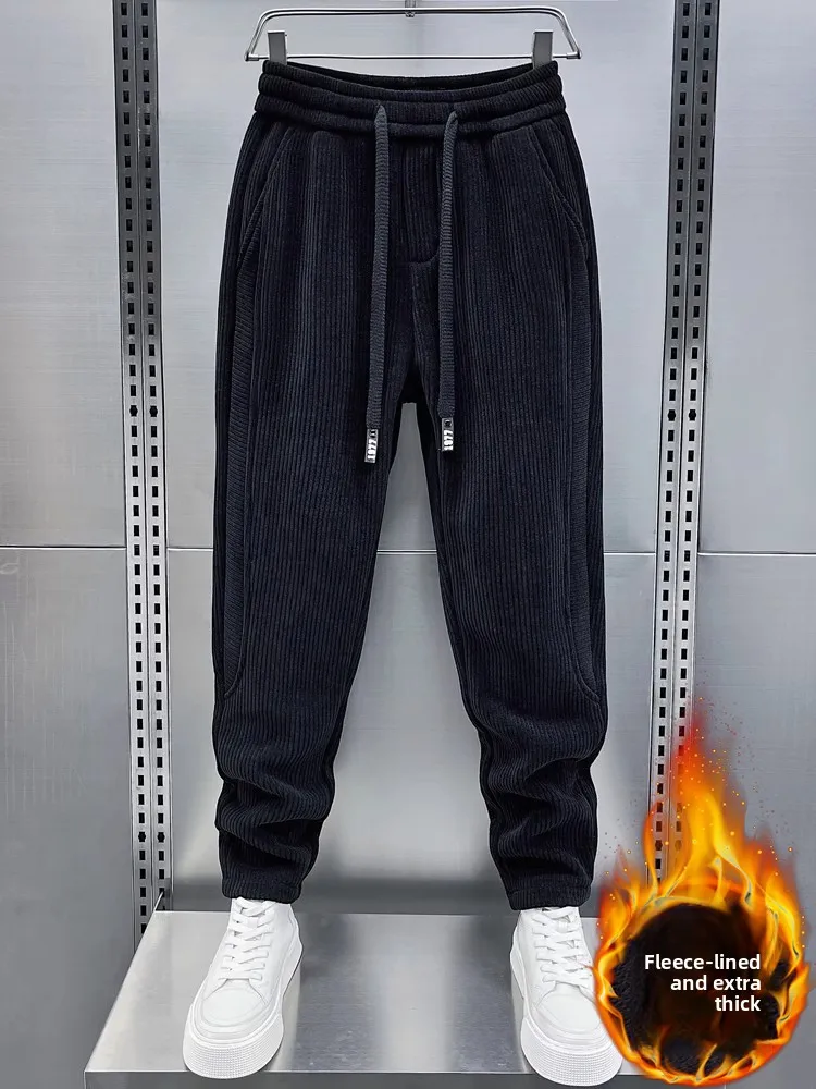 

Faionable Fce Lined Corduroy Men's Loose Fit Casual Pants Autumn Winter Spor Sle Tapered Elastic Waist Long Trousers