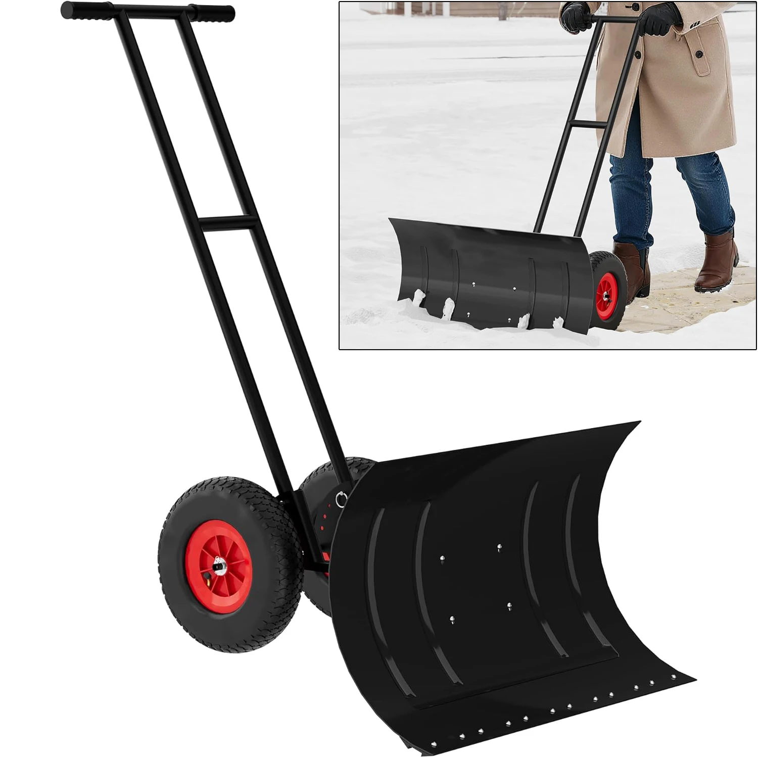 Heavy Duty Snow Shovel with Wheels, Carbon Steel Blade w/ Adjustable Ergonomic Handle for Driveway & Pavement Clearing