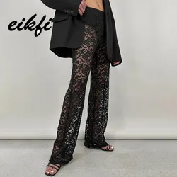 Women Clothing Lace Pant 2024 Summer New Female Sexy Club Hollow Out White Black High Waist Long Trousers Fashion Streetwear