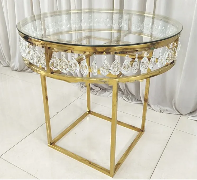 

Wedding Round Gold Stainless Steel Metal Transparent Crystal Acrylic Top Bar Wedding Cake Table