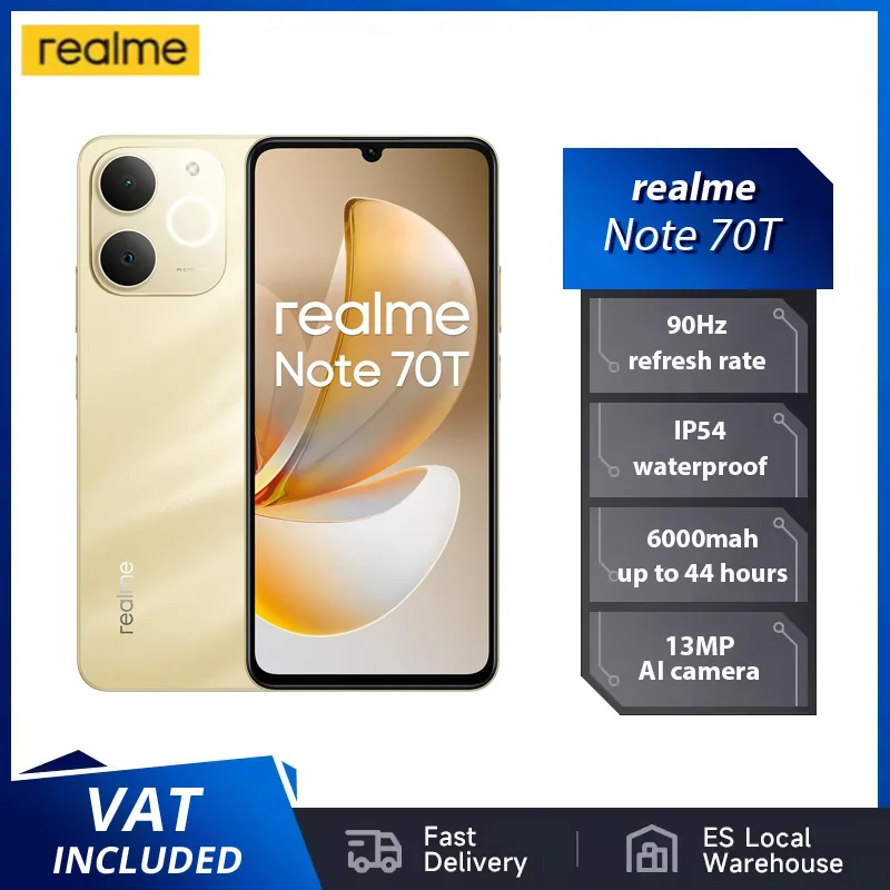 Realme Note 70T AI Smartphone Version mondiale 6.75 pouces 90Hz cran 6000mAh batterie 13MP Al camra octa-core Chipset IP54