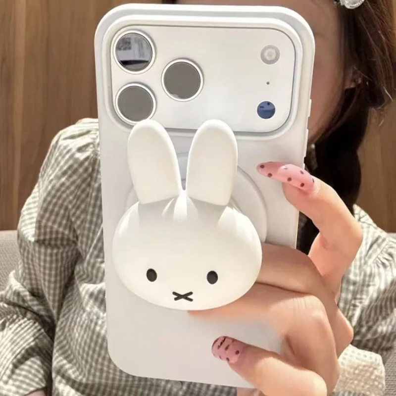 Simpatico guscio per telefono Miffy adatto per Iphone 17 16 15 14 Custodia per telefono antigoccia in gomma siliconica con supporto magnetico per coniglio bianco cartone animato