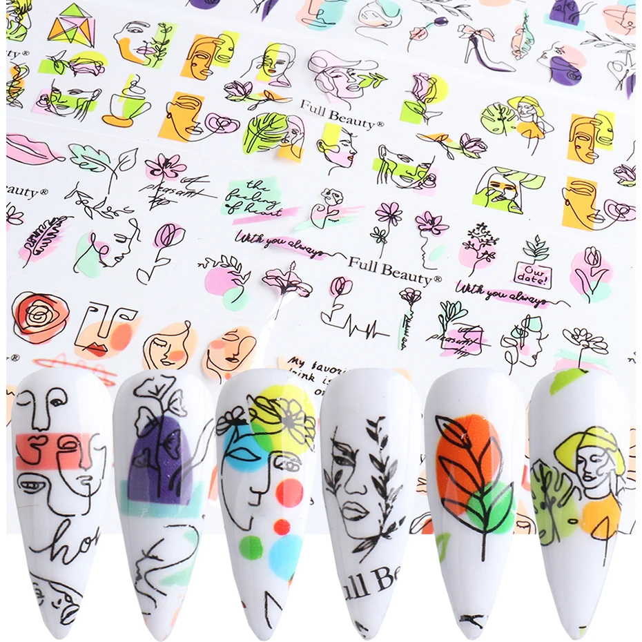 Nail Stickers Graffiti Visage Chiffres Abstremberg Feuilles De Transfert Géométrie Lignes Florales N64.Art Manucure Décalcomanies sur BEFB2021-1 Des Doigts