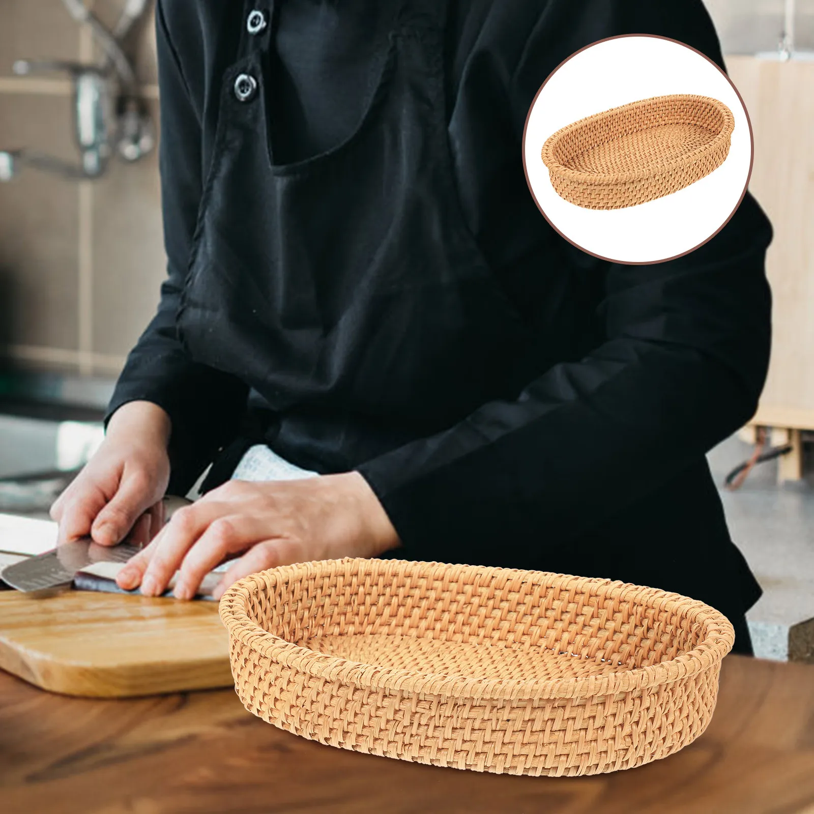 Woven Fruit Basket Vintage Style Oval Simple Bread Basket Stable Base Multi-Function Snack Container Desktop Storage Supply