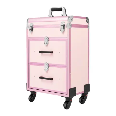3 Layers Rolling Makeup Case Professional Makeup Travel Case with Wheels and Lock Aluminum Alloy Lockable Makeup Organizer Case