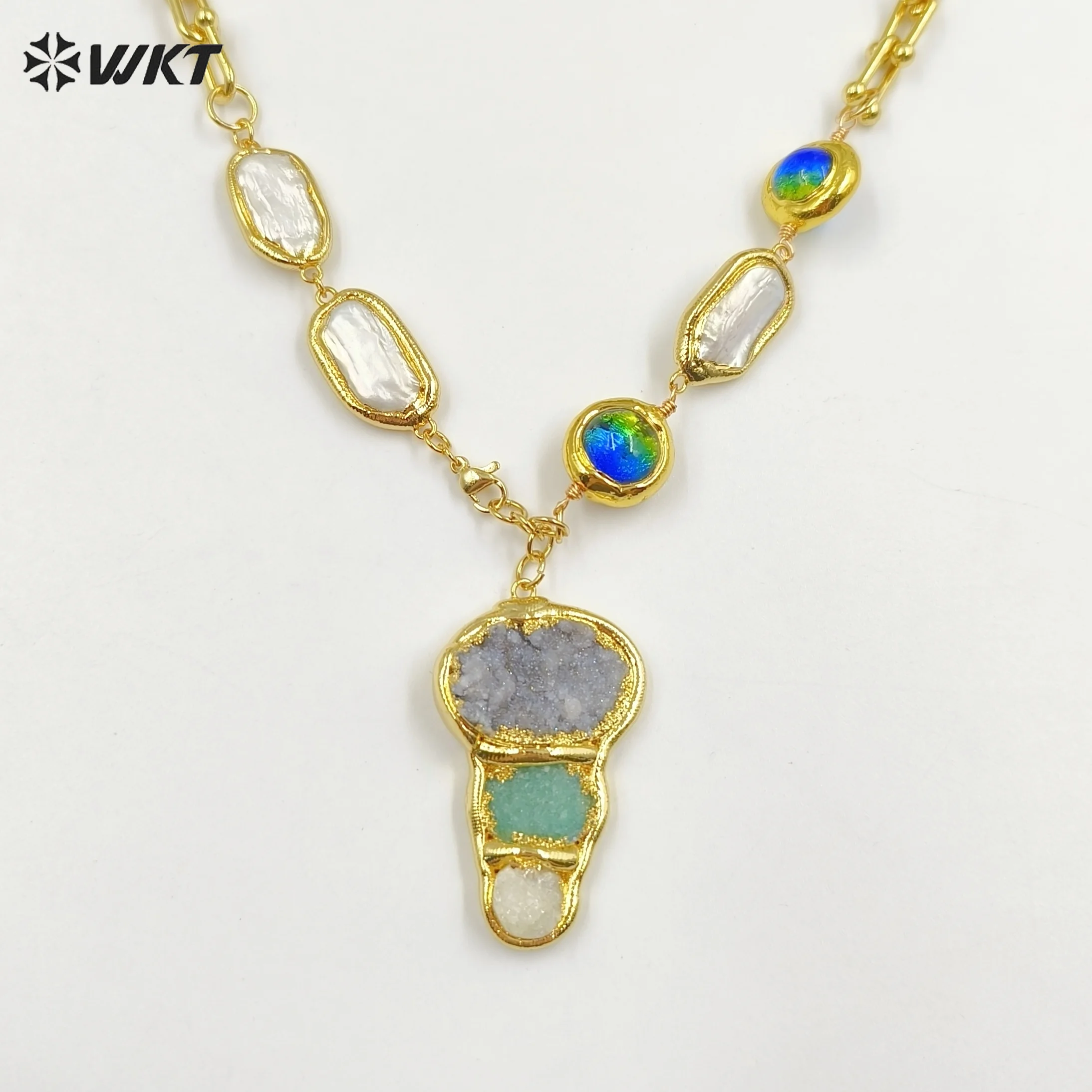 WT-JN257  2023 WKT Cute Style Druzy Quartz & Pearl Pendant Necklace Jewelry Women Key Shape Supplies Party HOT