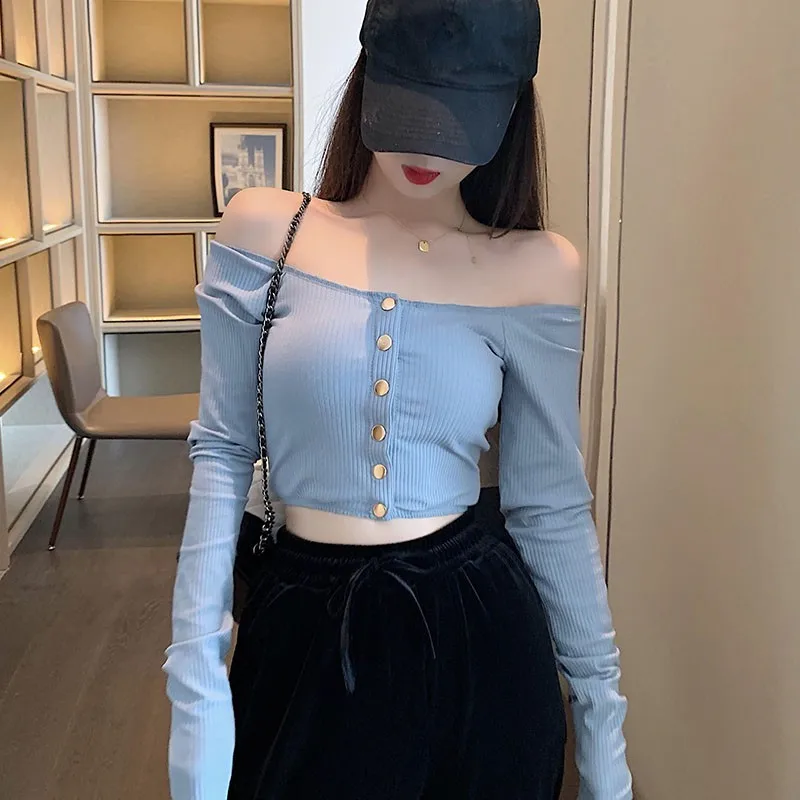 Haut à manches longues à col slash pour document uni, t-shirt nombril sexy, haut slim, version coréenne, exposition