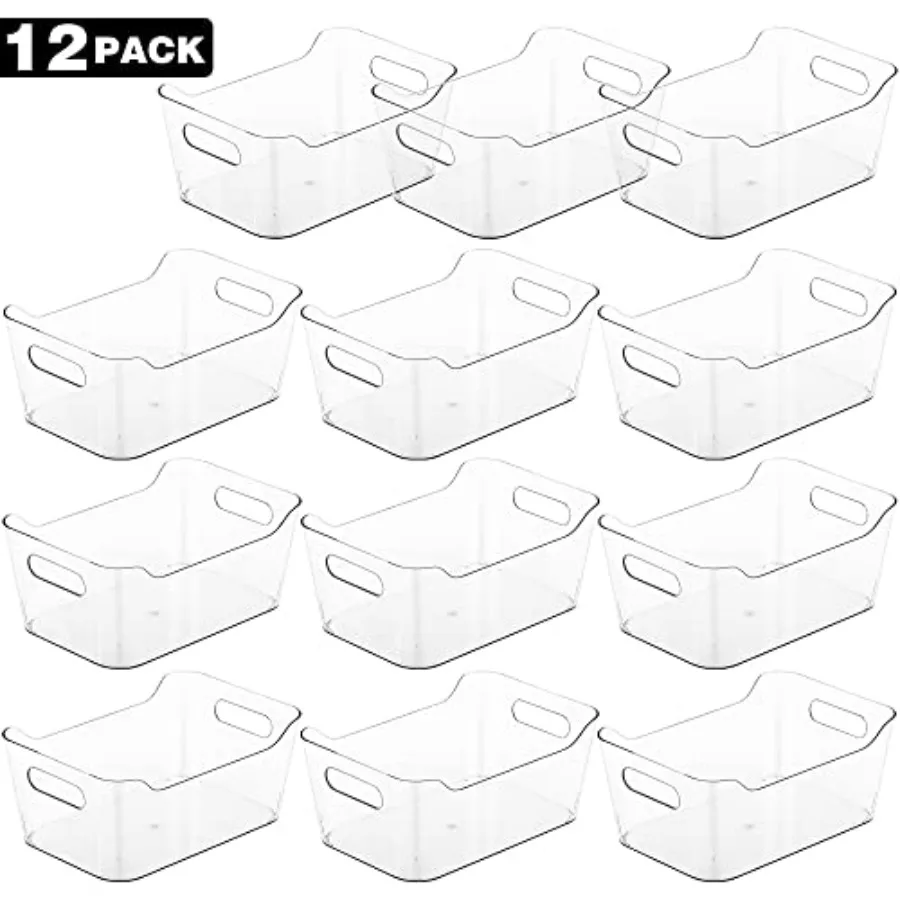 Confezione da 12 contenitori portaoggetti in plastica Contenitori organizer multiuso per dispensa, cucina, armadio da ufficio, scaffale e organizzazione del frigorifero con trasparente