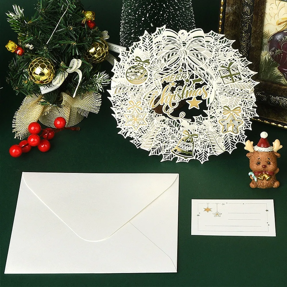 Hollow Christmas 3D Greeting Card Laser Engraved with Envelope Postcard Invitation Card Paper Gilded Thank You Letter