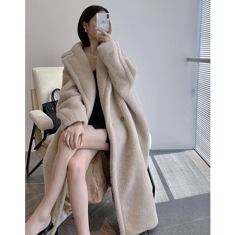 Sheepskin Coat for Women Winter Warm Soft Cashmere Manteau Femme Loose Oversize Double-breasted Pocket Long Beige Lamb Fur Coats