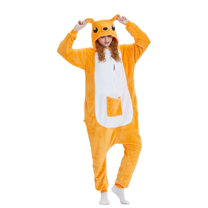 

Warm One-piece Pajamas Cosplay Cartoon Kangaroo Sleepwear for Women Long-sleeved Hooded Onesie Unisex Loungewear with Zippers