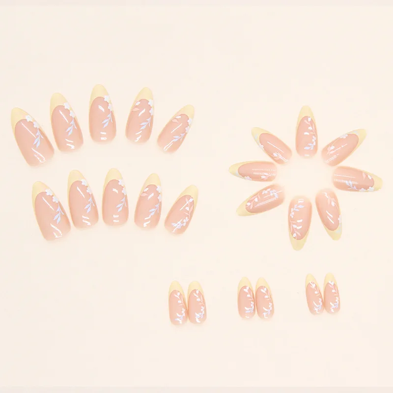 24pcs Simple Leaf Yellow French Tip Press on Nails Almonds Cheap Reusable False Nails Girls Adhesive Fake Nails with Glue Cheap