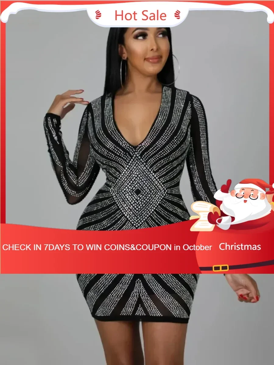 

Customized Elegant Mini Evening Dress 2025 Retro Luxury Summer Hot Diamond Long Sleeve V-neck Dress Sexy Party Fashion Women's W