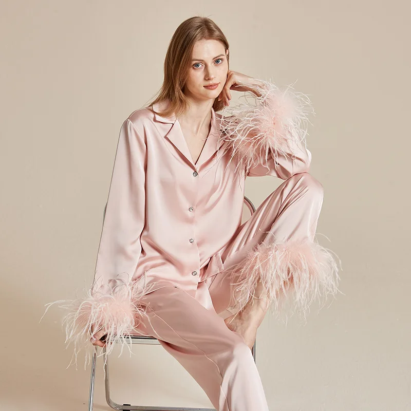 Elegant Ostrich Feather Trim Pajamas, Viscose Long Sleeve Loungewear Set, Notched Collar Blouse and Pants, Soft & Breathable
