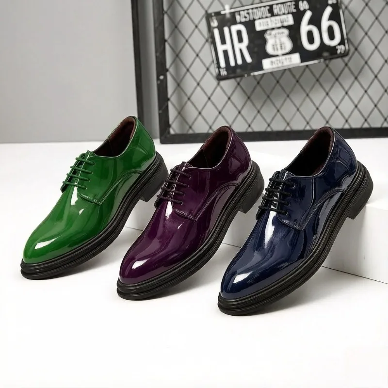 37-48 Men's Dress Shoes Black Silver Golden Blue Purple Green Patent Leather Derby Shoes for Man Platform Formal Shoes for Man