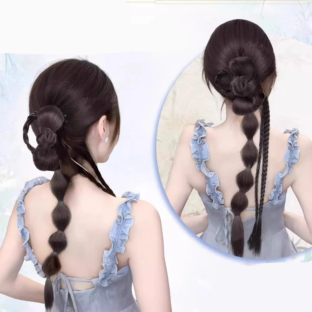 Parrucca sintetica con treccia a bolle di coda di cavallo Hanfu Cheongsam Testa a sfera con cravatta laterale Clip-on Trecce intrecciate Estensione Bocciolo di fiore simulato