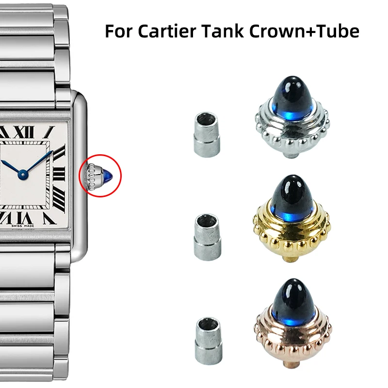 Sapphire Crown Steel Tube for Cartier Tank L/M/S Size Inlaid Spinel Corundum Head Silver Gold Rose Gold Watch Repair Parts