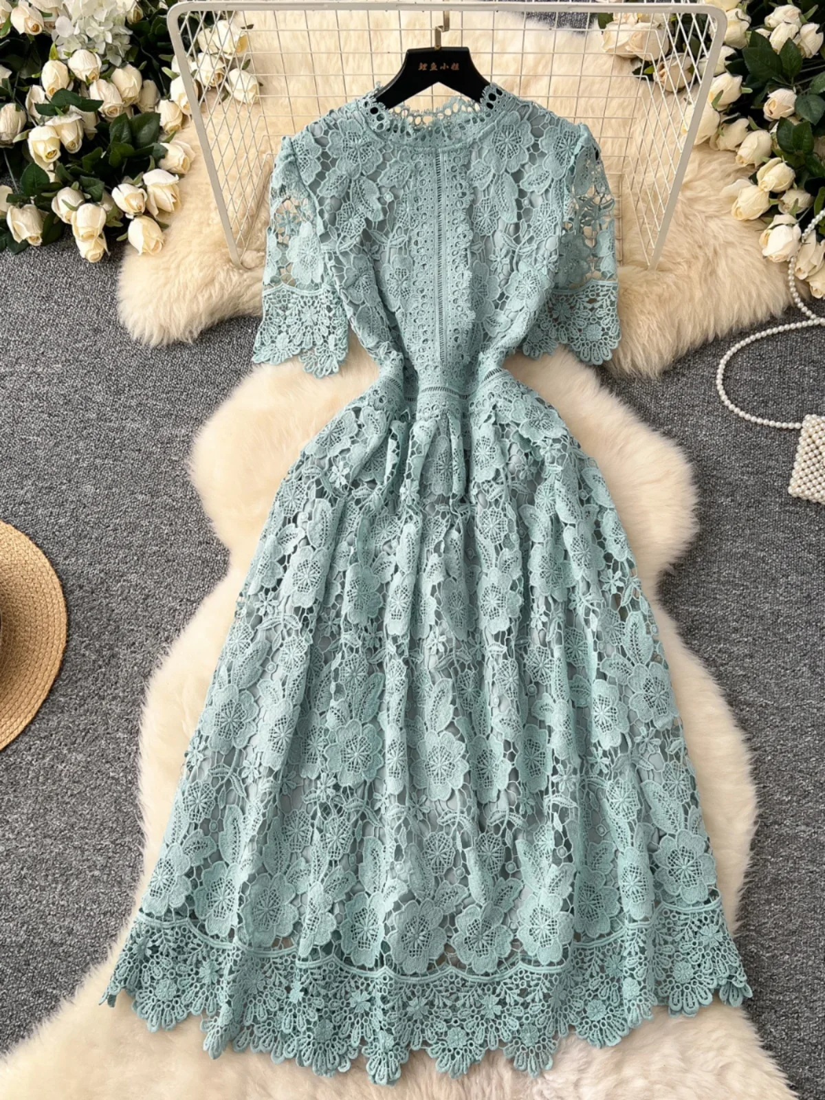 Women Lace Long Midi Dress Retro Elegant Hollow Hook Lace Crochet Slim A-line Prom Party Club Wedding 2025 Spring Summer