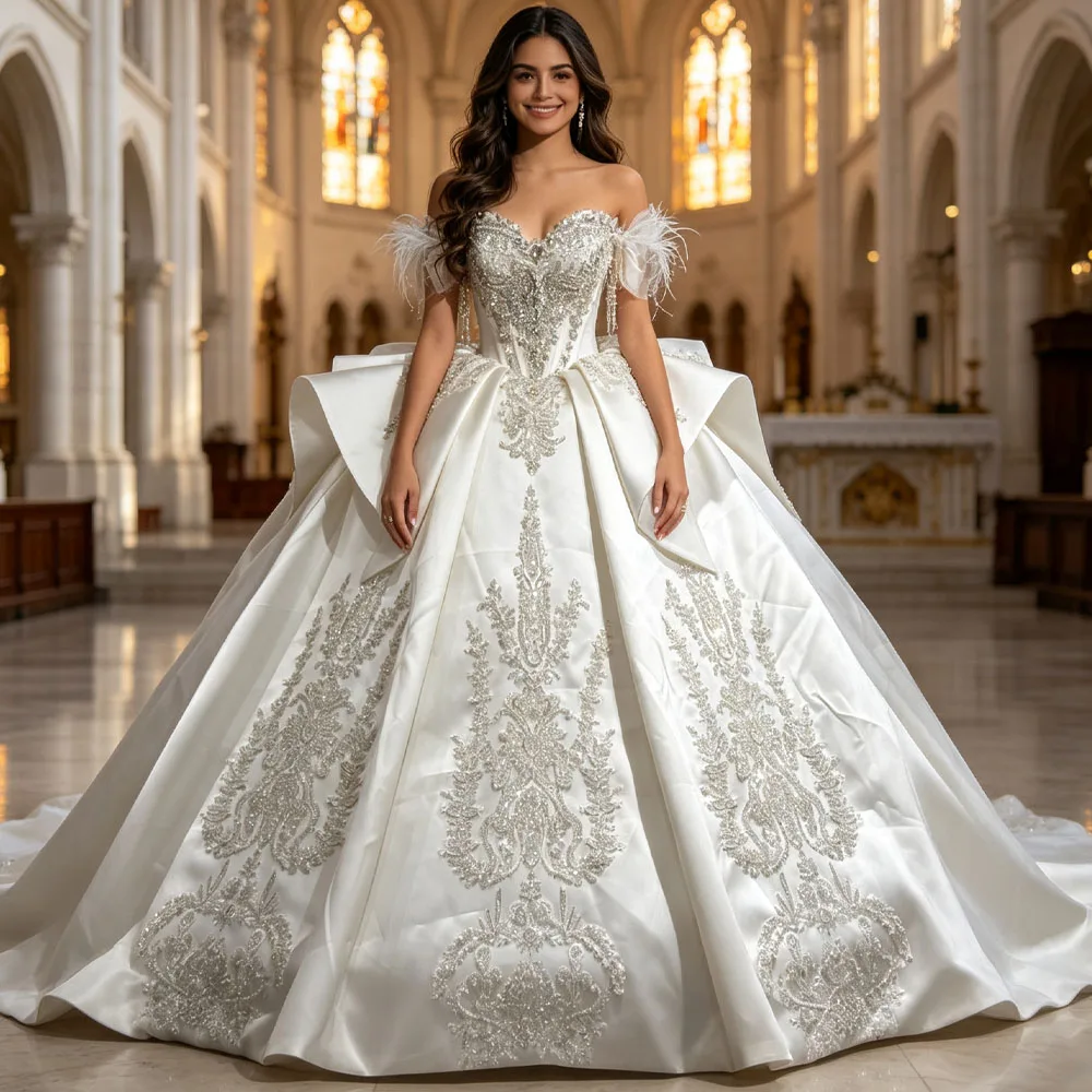 Ball Gown Wedding Dresses Sweetheart Off Shoulder Crystal Feathers Sequined Satin Hochzeitskleid