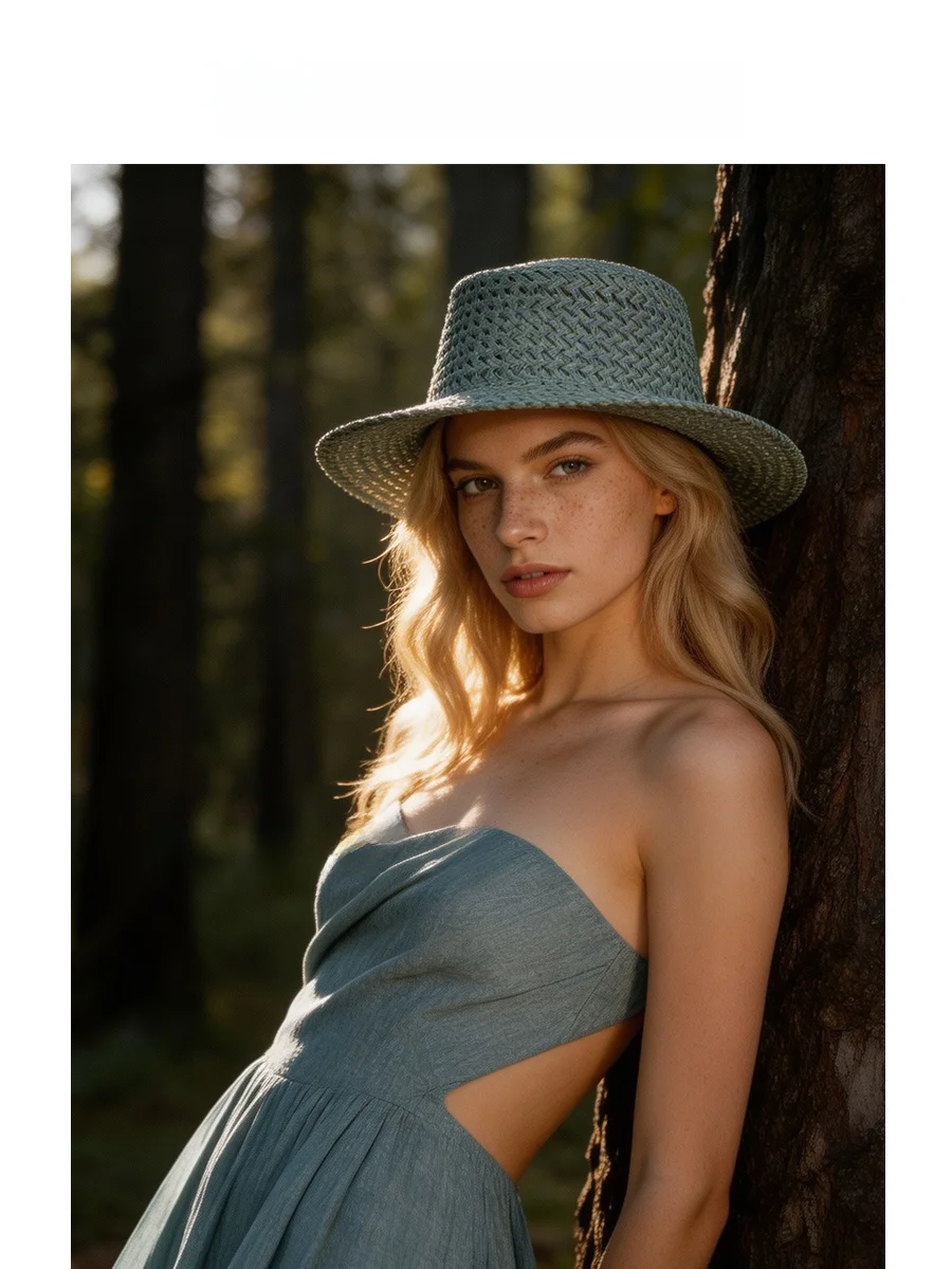 blue-woven-straw-hat-vintage-flat-top-hollow-out-breathable-summer-travel-sun-protection-hat-adjustable-large-brim-women's-hat