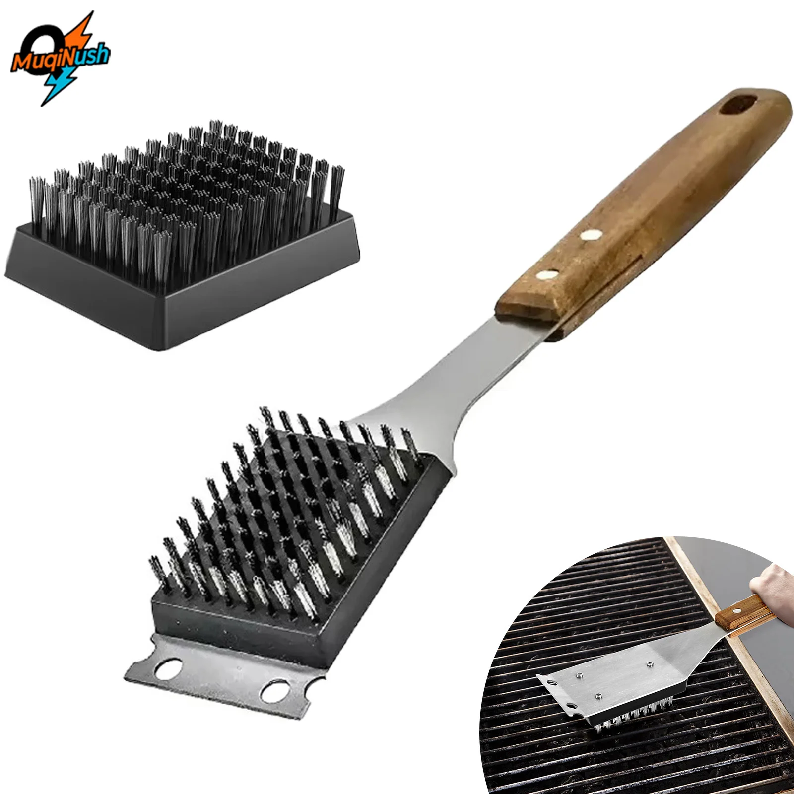 

MuqiNush Stainless Steel BBQ Grill Brush Grills Brushs Outdoor grill with Extended Large Wooden Handle Cleaning brush Camping