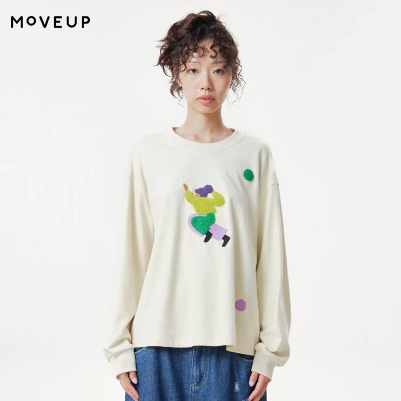 MOVEUP 100% Cotton Round Neck Long‑Sleeve T‑Shirt 2026 Autumn Cartoon Figure Embroidery Tee Casual Commuter Loose Tops 3ELQ10524