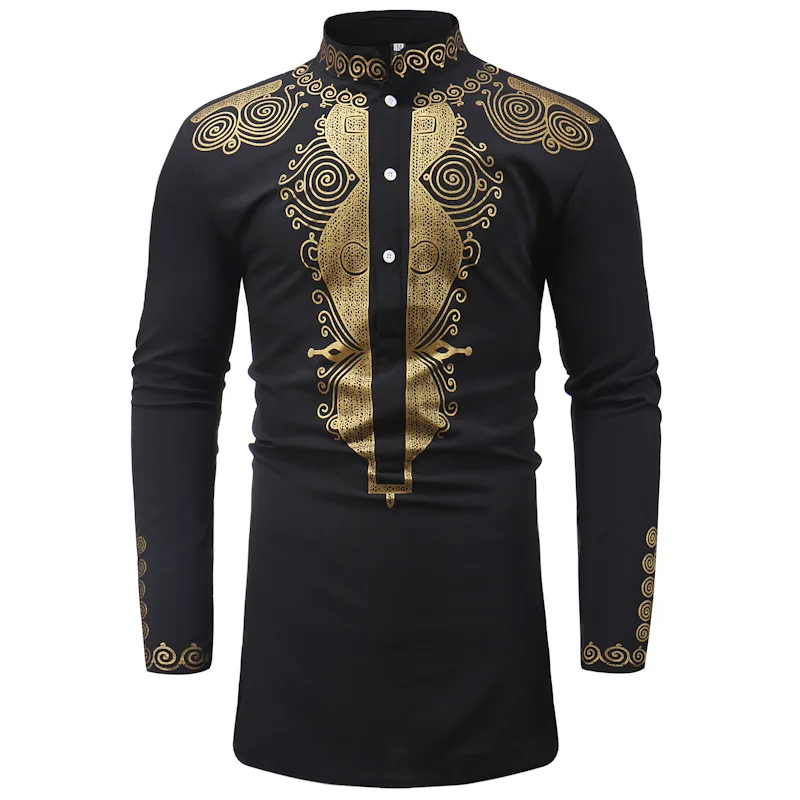 

Men tops Autumn Winter Stand Collar Long Sleeve Casual Middle East Style Bronzing Stand Collar Mid-length Shirt African Clothes