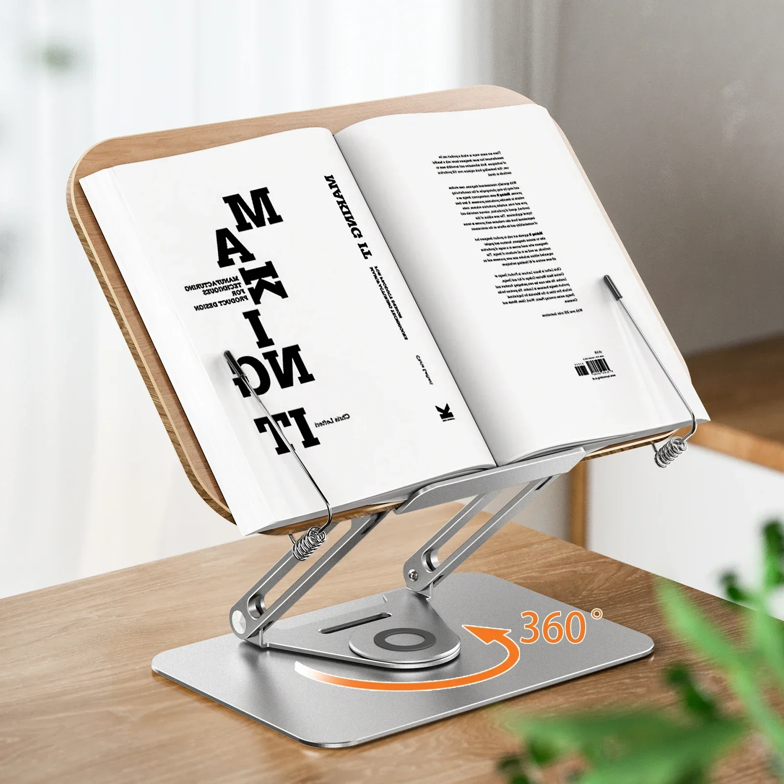 Desktop Book Stand R10 with 360° Rotating Base Wooden Panel Page Clip Foldable Angle Adjustable for Reading Book Holder