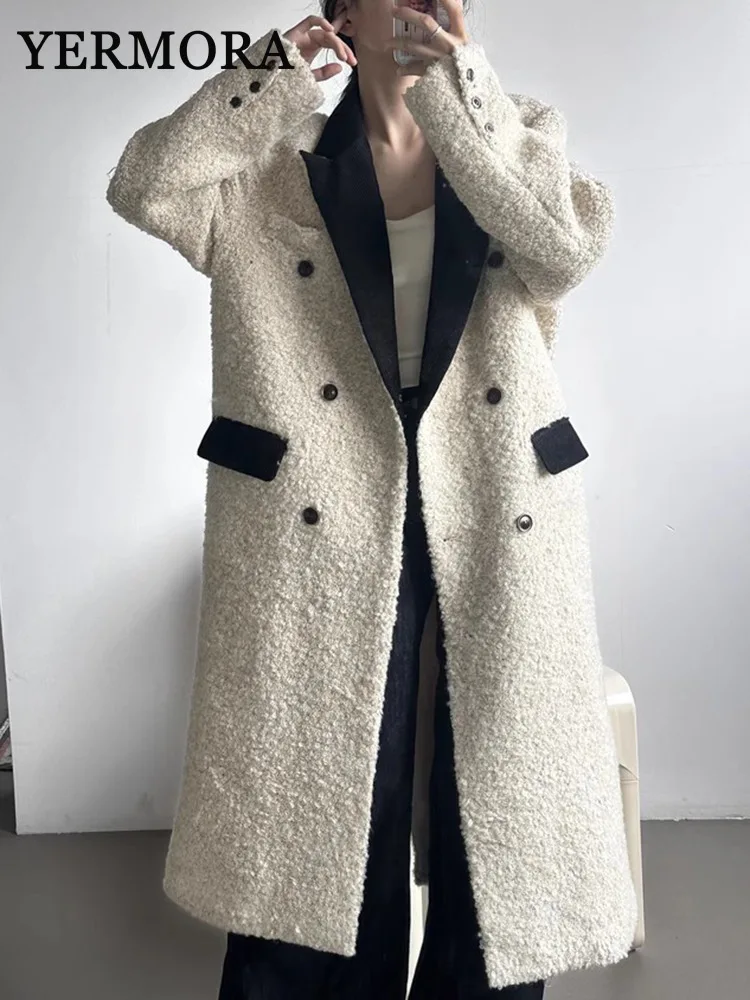 YERMORA Color-black Lamb Wool Coat For Women Lapel Long Sleeve Fashion Tide Thick Casual Overcoat Autumn Winter 2024 New