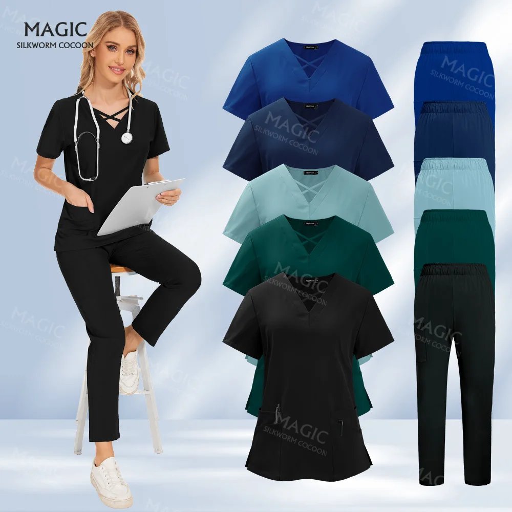 High Quality Medical Scrubs Uniforms Set Pet Grooming Institution Scrubs Suits Unisex V-Neck Working Clothes Surgical Tops Pants