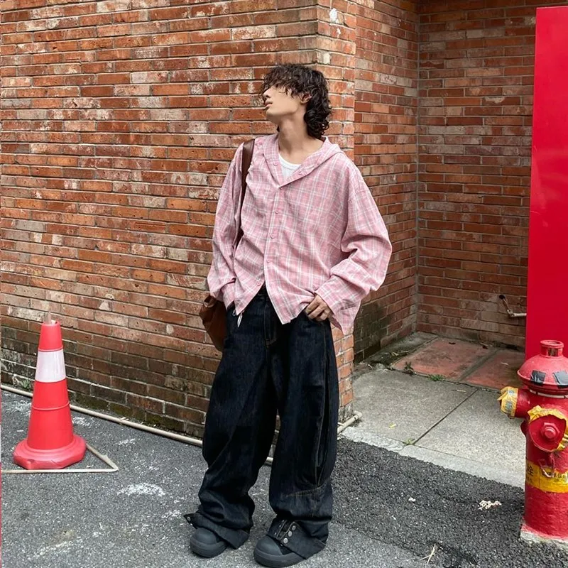 

American Retro Pink Rhinestone Design Plaid Long Sve Men's irt Loose Fit Hooded Sun Protection Outerwear