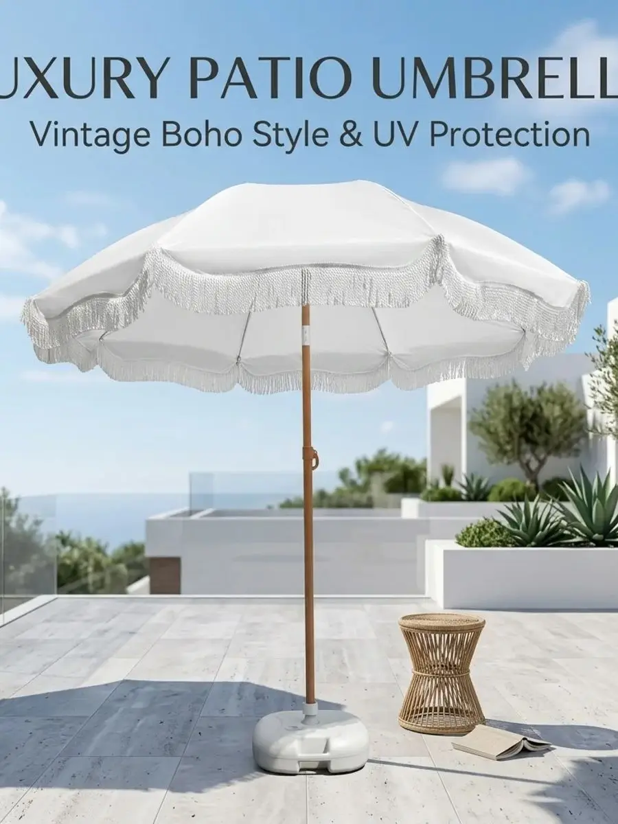 

Vintage Boho Patio Umbrella with Fringe – UV Protection Luxury Outdoor Umbrella for Patio, Poolside, and Backyard