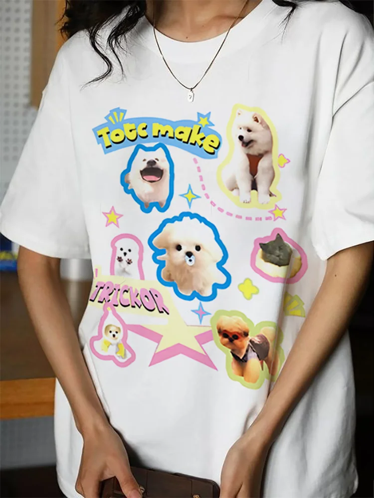 Women T-Shirt Oversized Dog Short Sleeve Tees Kpop Streetwear Y2k Tops Harajuku Kawaii Graphic Aesthetic Korean Popular Clothes