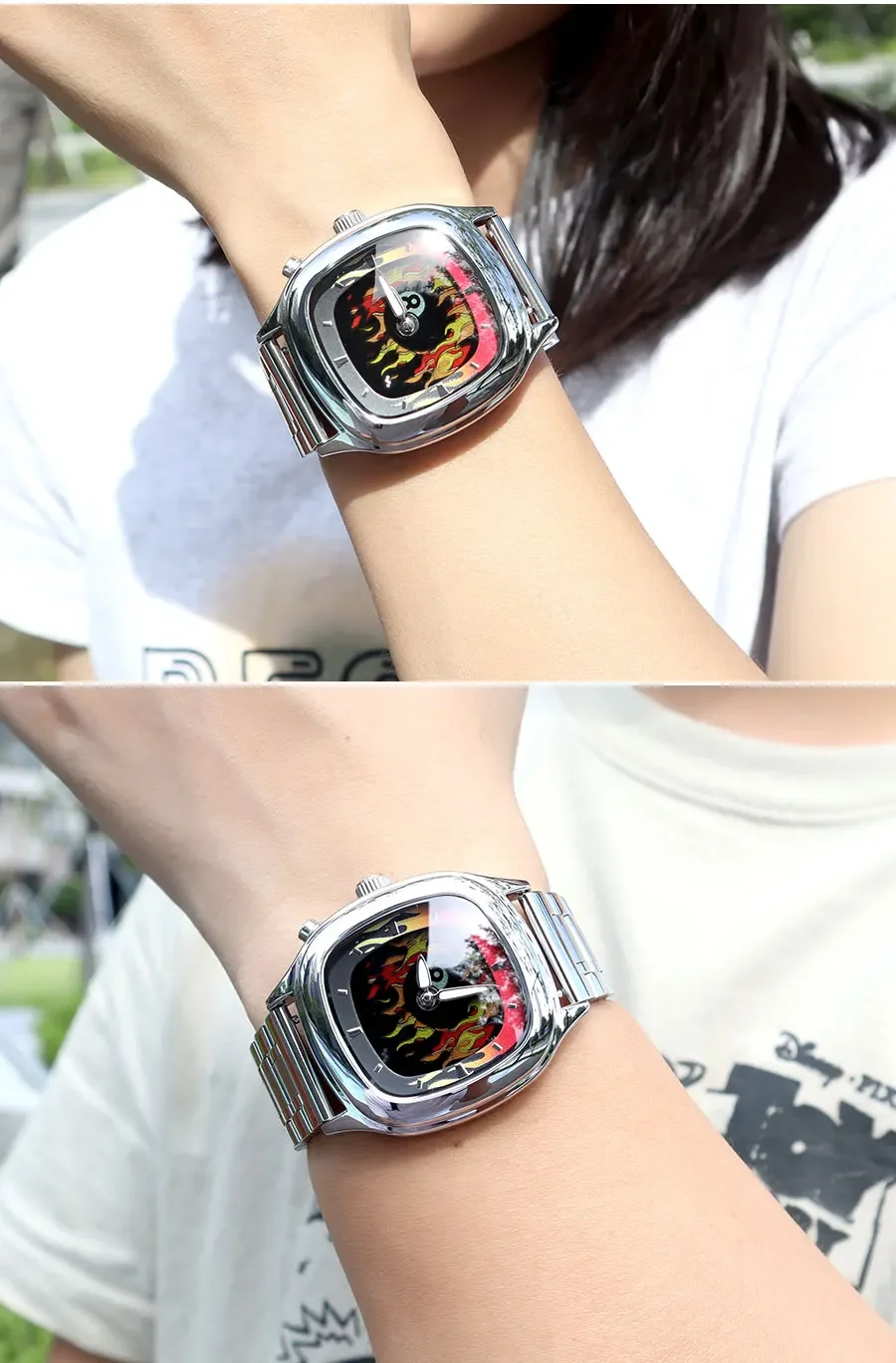 レトロミレニアムウォッチ、ダイナミックな炎模様の文字盤、ユニークで創造的なクォーツ腕時計、ステンレススチールストラップ、スクエア麻雀ウォッチ
