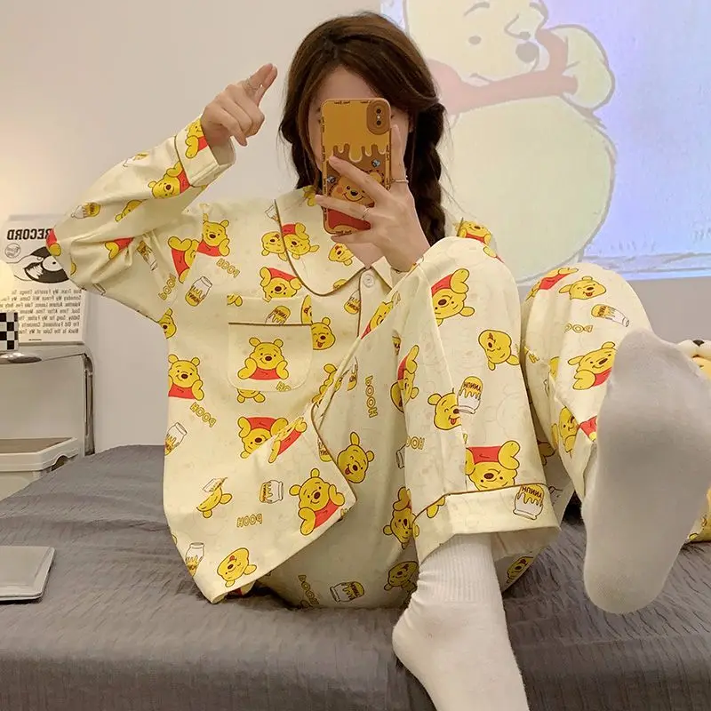 Disney Winnie The Pooh Bear Cute Pajamas Women Spring Autumn Long Sleeve Sleepwear Fashion Kawaii Loose Cartoon Home Clothes Y2k