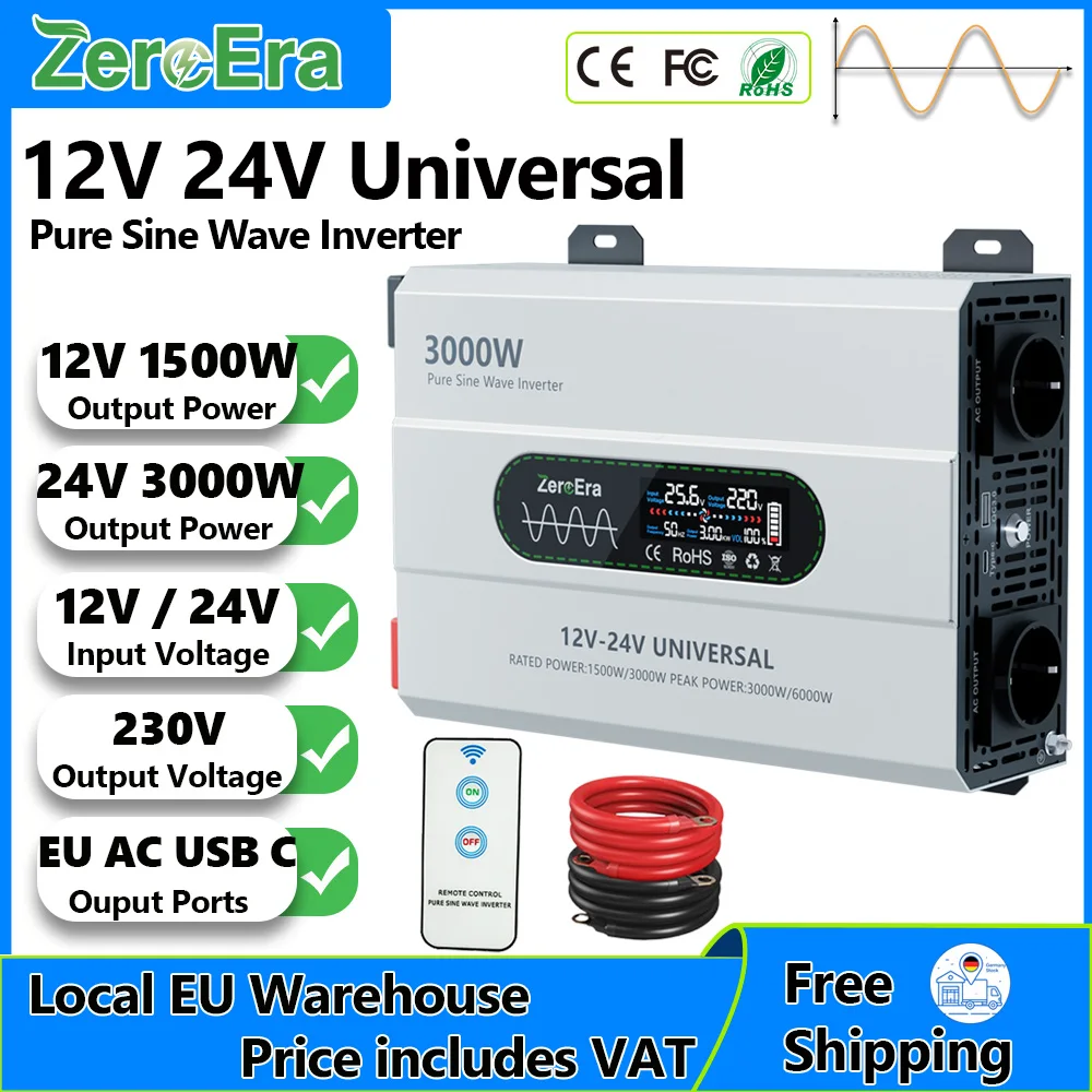 ZeroEra 1500W/3000W Reiner Sinus-Wechselrichter 12V/24V Dualspannung auf 230V AC 50Hz für Wohnmobil, LKW, Camper, Reisen, Zuhause mit EU-Steckdosen, Fernbedienung, LCD-Bildschirm, EU-Lagerbestand