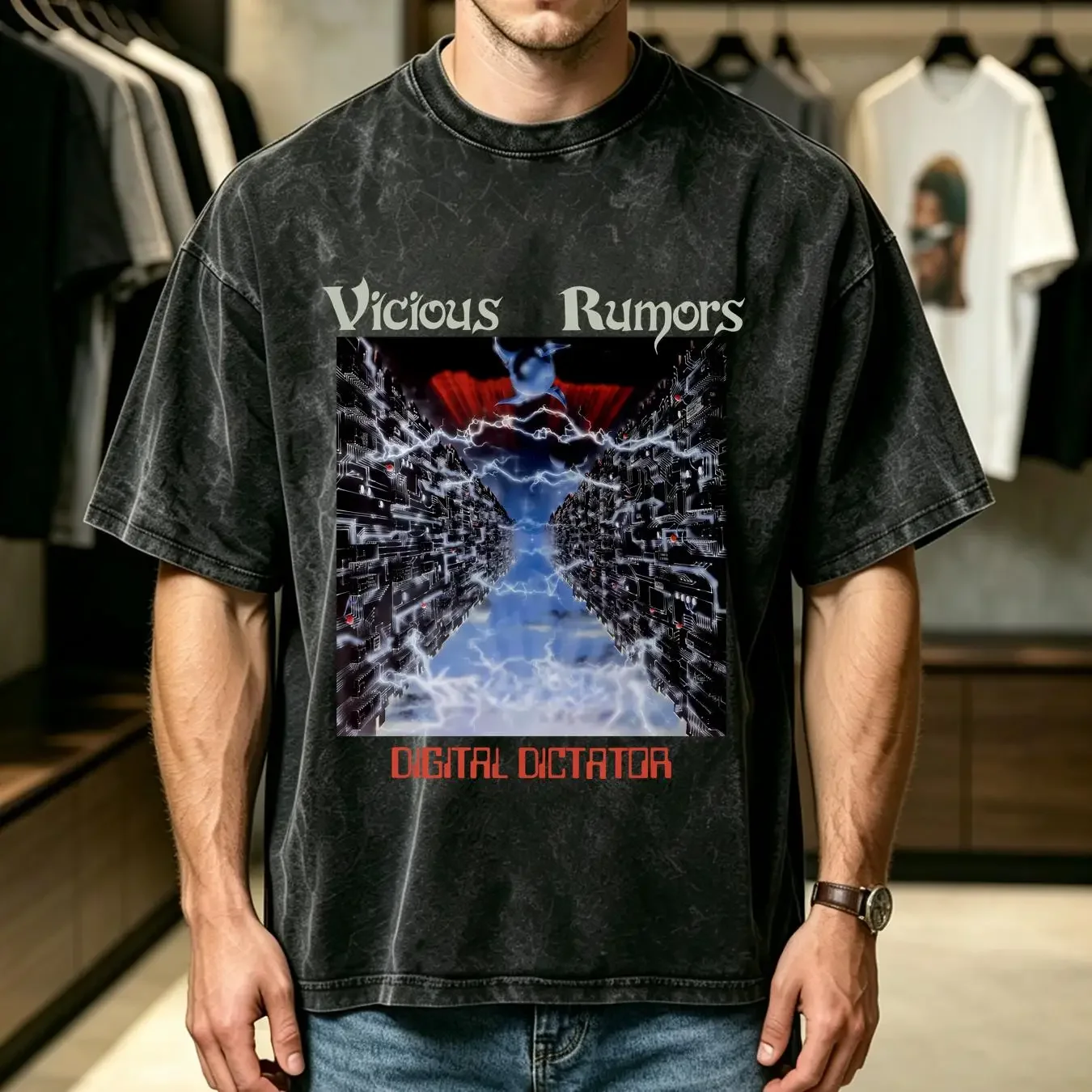 washed T Shirt VICIOUS RUMORS DIGITAL DICTATOR  Black Men S to 5XL PM1455 vintage Washed Breathable Slightly streetwear Stylish