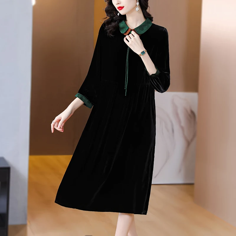 Autumn Fashion Versatile Velvet Dress Women's Autumn Retro 3/4 Sleeve Sleeves Headdress French Loose Tight Party Vestidos