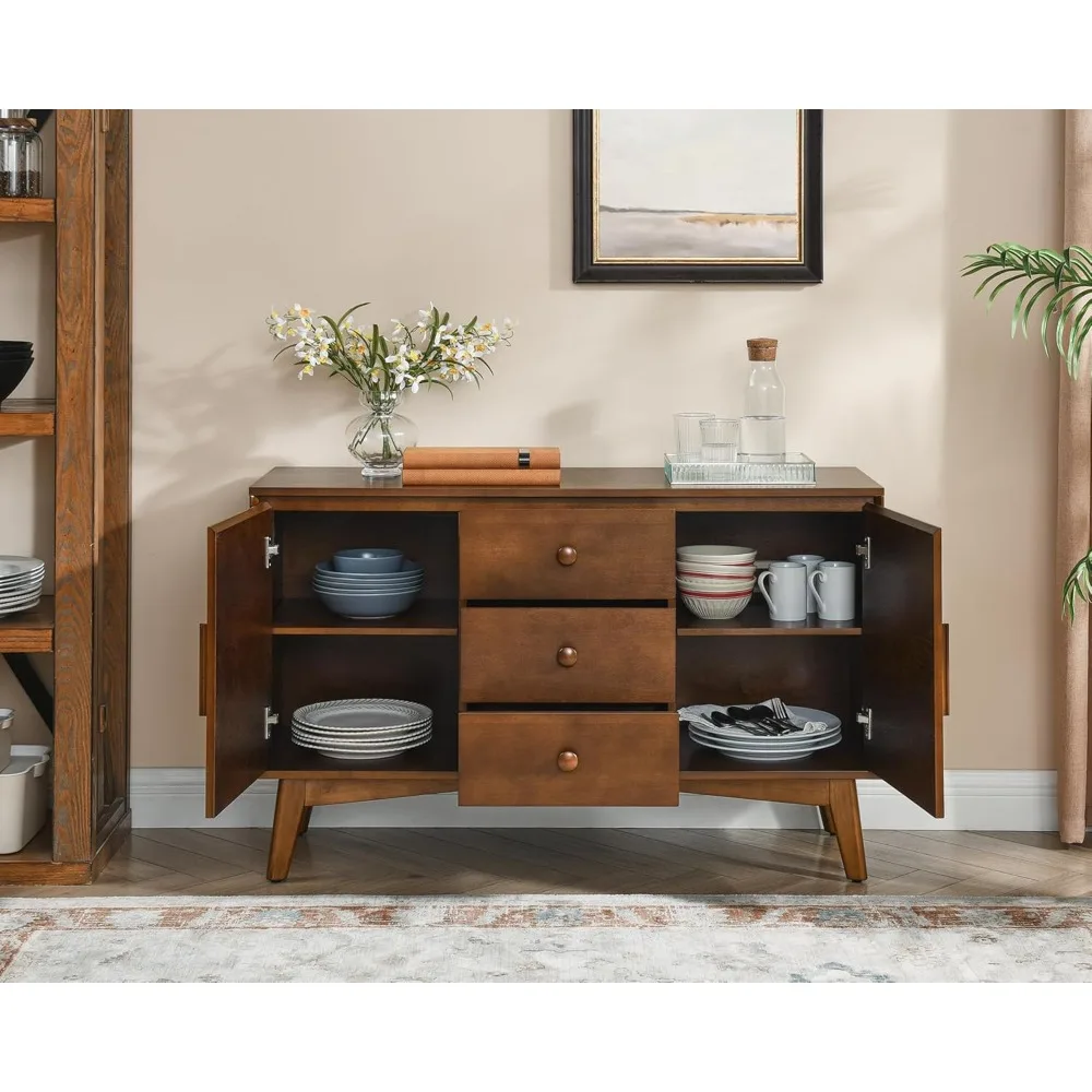 

47.3 Mid Century Modern Sideboard Buffet Cabinet with Solid Wood Frame & Legs, Accent Storage Cabinet with 2 Doors 3 Drawers