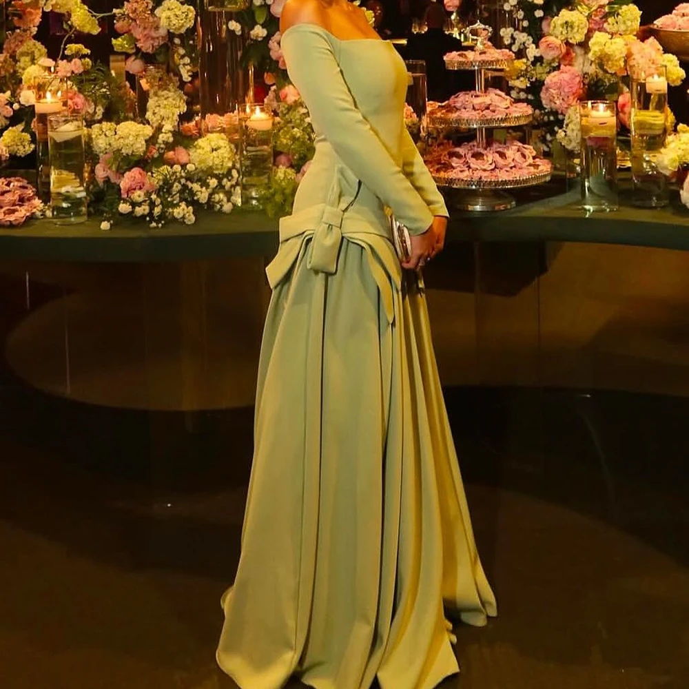 

Customized A-line Evening Dresses Floor-length Off The Shoulder Full Sleeve Prom Gown Simple Fashion Draped Backless Party Gown
