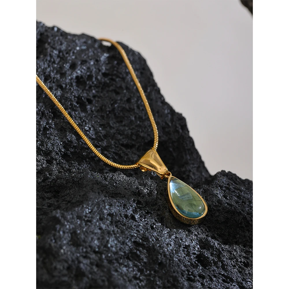 Yhpup Stylish Green Glass Crystal Water Drop Pendant Necklace for Women 316l Stainless Steel Cast Gold Color Fashion Jewelry New