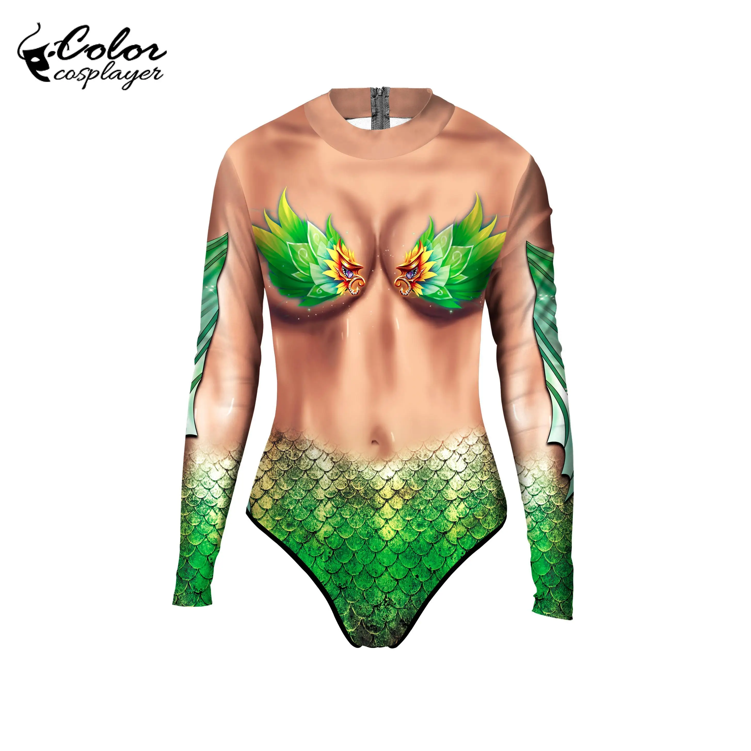 Kleur Cosplayer Vrouwen Zeemeermin Jumpsuit Print Bodysuit Lange Mouwen Sexy Bodysuits Spandex Catsuit Cosplay Kostuums Zentai Pak