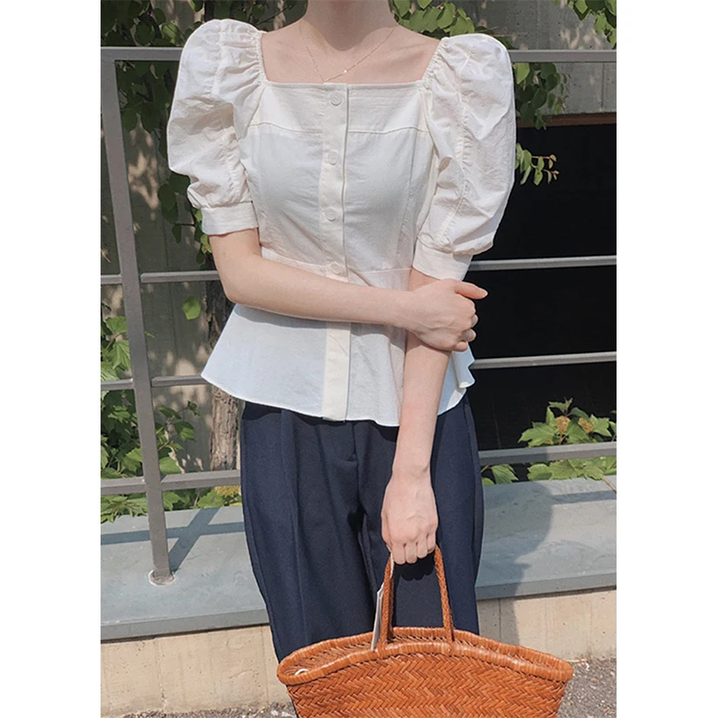 MEXZT Sweet Shirts Women Korean Ruffles Puff Sleeve Blouses Office Lady Vintage Elegant Summer Square Collar Chic Casual Tops