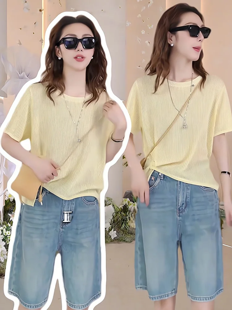 캐주얼 시크 통기성 순색 아이스 실크 니트 탑 반팔 오버헤드 디자인 한국 스타일 레귤러 핏 여름 필수품