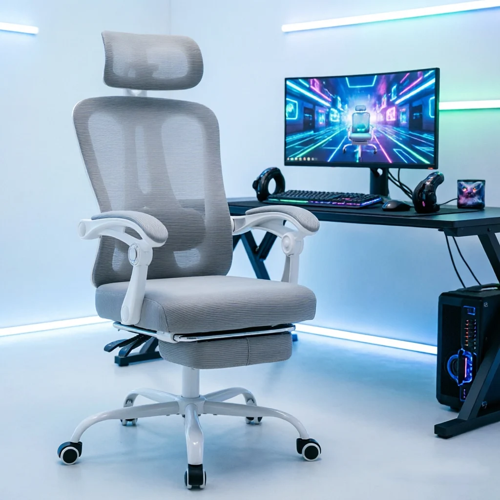 Chaise de jeu ergonomique à dossier haut en tissu maillé, appui-tête réglable, dossier inclinable, pivotante, avec repose-pieds, pour bureau à domicile