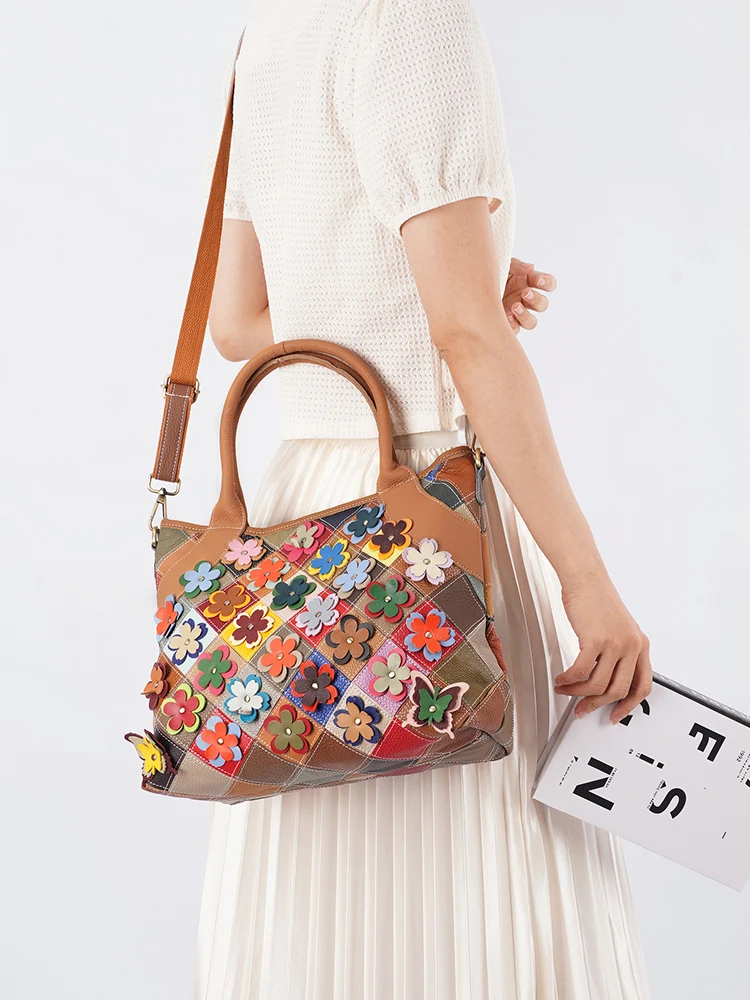 Zency Large Genuine Leather Shoulder Bag Floral Pattern for Women Soft Handbag Crossbody Designer Work Tote Bags for OL Shopper