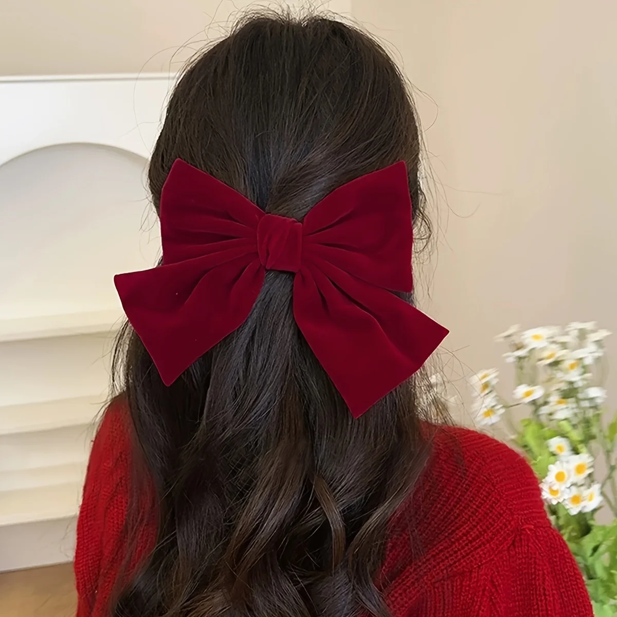 4Pcs Women\'s Burgundy Bow Hair Clip Set Elegant Ponytail Back Head Hair Accessories