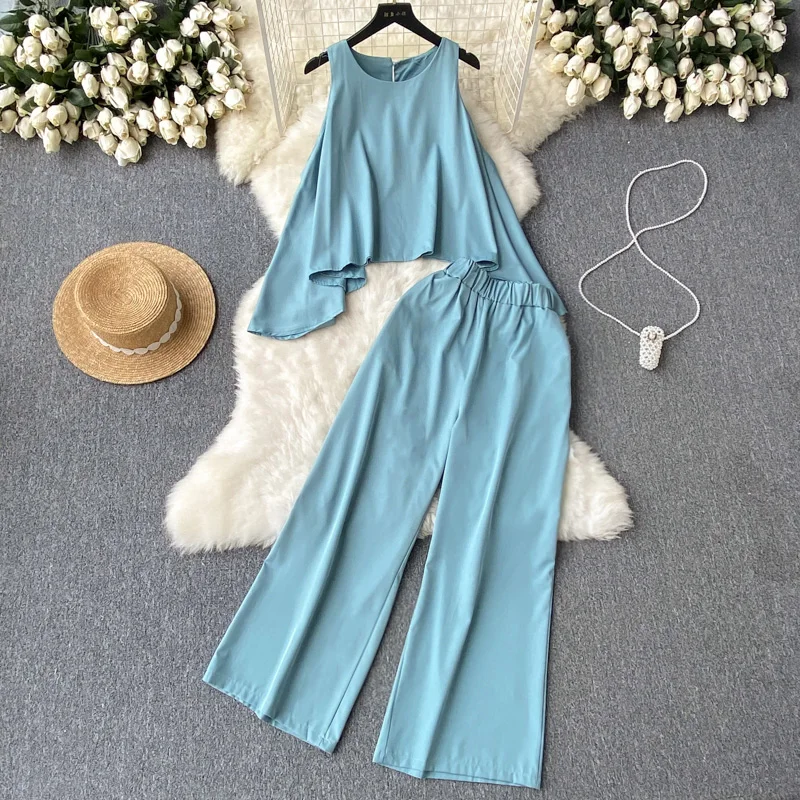 

Summer New Fashion High-end Suit Women's French Chic Round Neck Sleeveless Top + Solid Color Elastic Waist Wide-leg Trousers